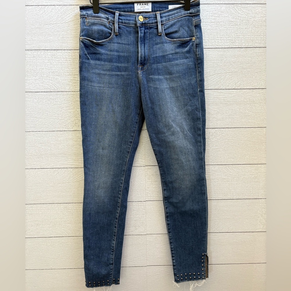 Frame Le High Skinny Stud Raw Split Hem Jeans, Size 28 - Picture 2 of 12